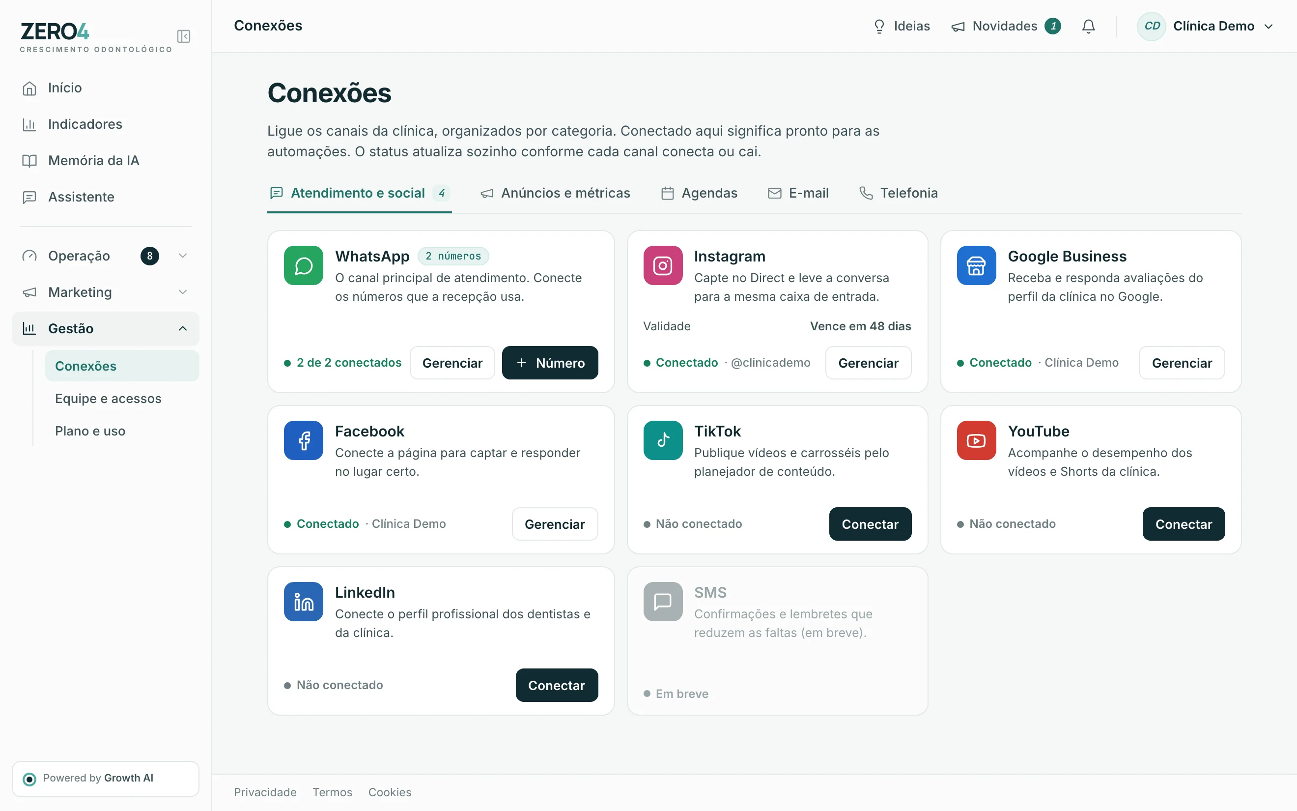 Tela de conexões com WhatsApp, Instagram, Google Business e Facebook conectados.